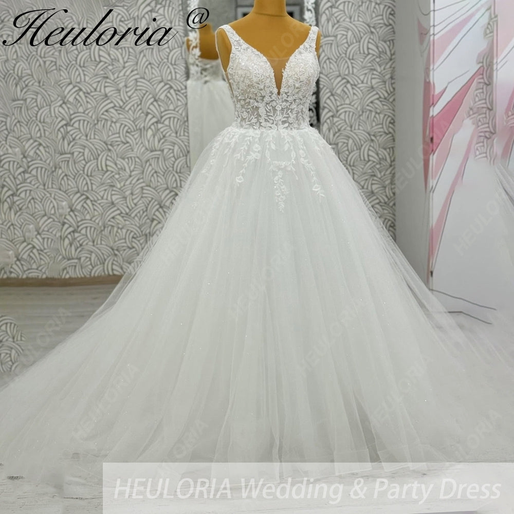 HEULORIA Romantic Floral Lace A-Line Wedding Dress - Deep V-Neck Shimmer Tulle Bridal Gown AL-1094