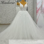 HEULORIA Romantic Floral Lace A-Line Wedding Dress - Deep V-Neck Shimmer Tulle Bridal Gown AL-1094