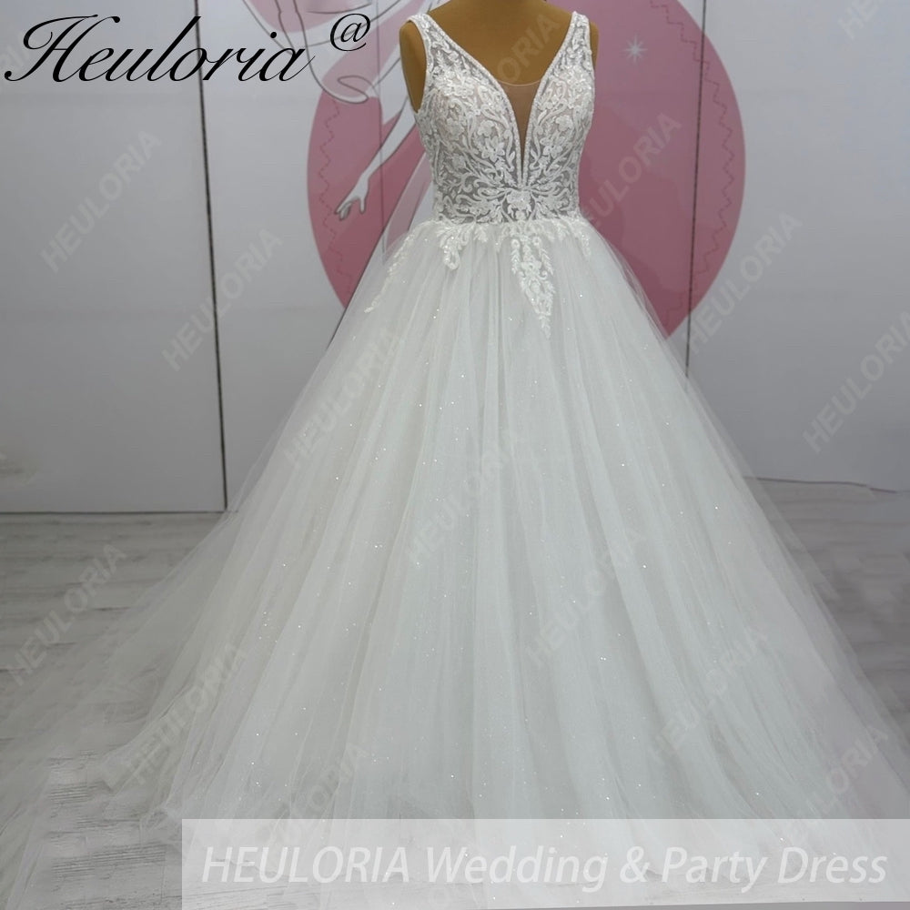HEULORIA A line Wedding Dress V Neck Sleeveless Boho Lace Appliques Tulle Long Bridal Gowns Backless Vestidos de Novia Customized AL-1022