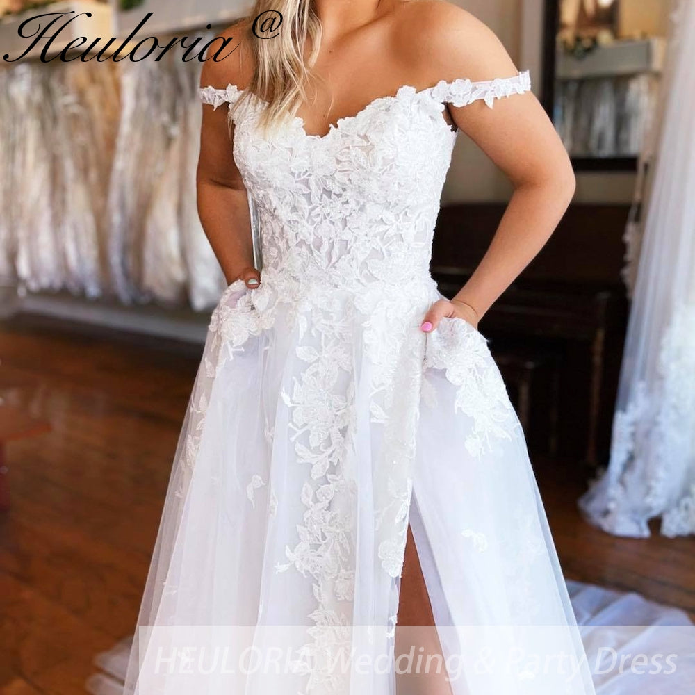HEULORIA Illusion Off The Shoulder A-Line Wedding Dresses Appliques Lace Country Bridal Gowns Robe De Mariée Customized AL-QK277