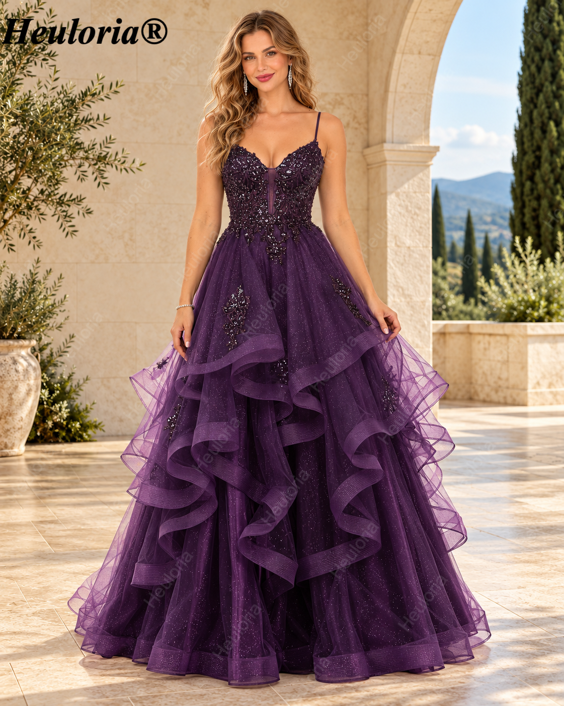 HEULORIA Purple Beaded Tiered Tulle Ball Gown Prom Dress | ED-423