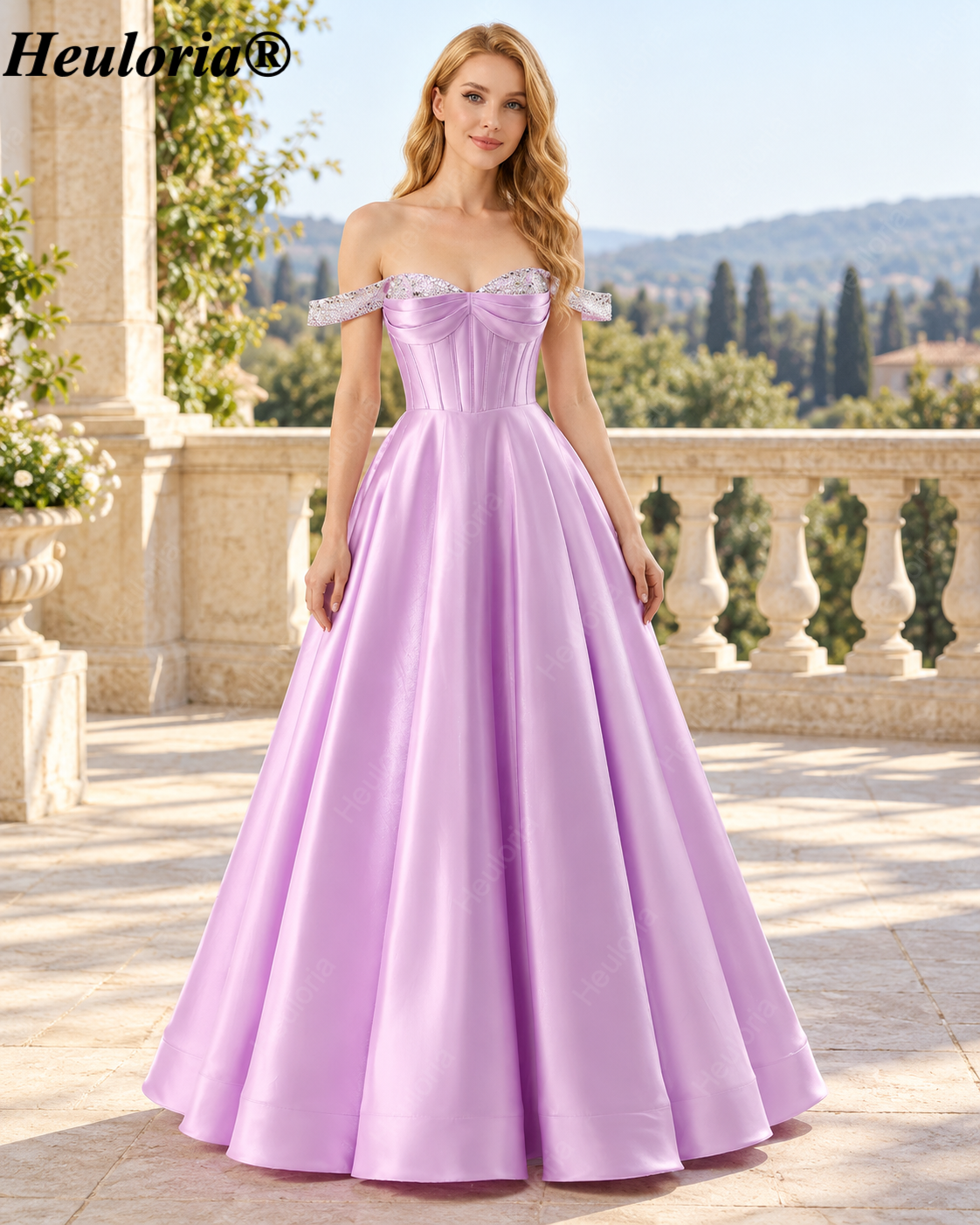 HEULORIA Lavender Rhinestone Off-Shoulder Satin A-Line Prom Dress with Corset Bodice ED-500