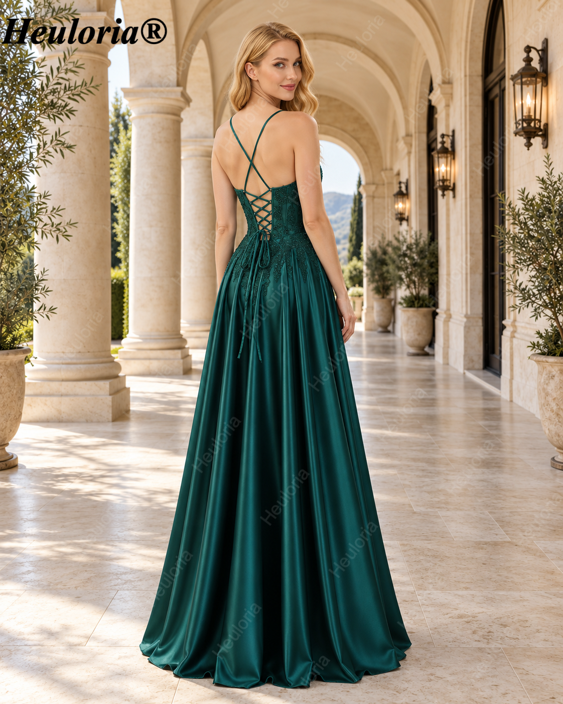 HEULORIA Emerald Green Lace Satin A-Line Prom Dress with Lace-Up Back ED-359