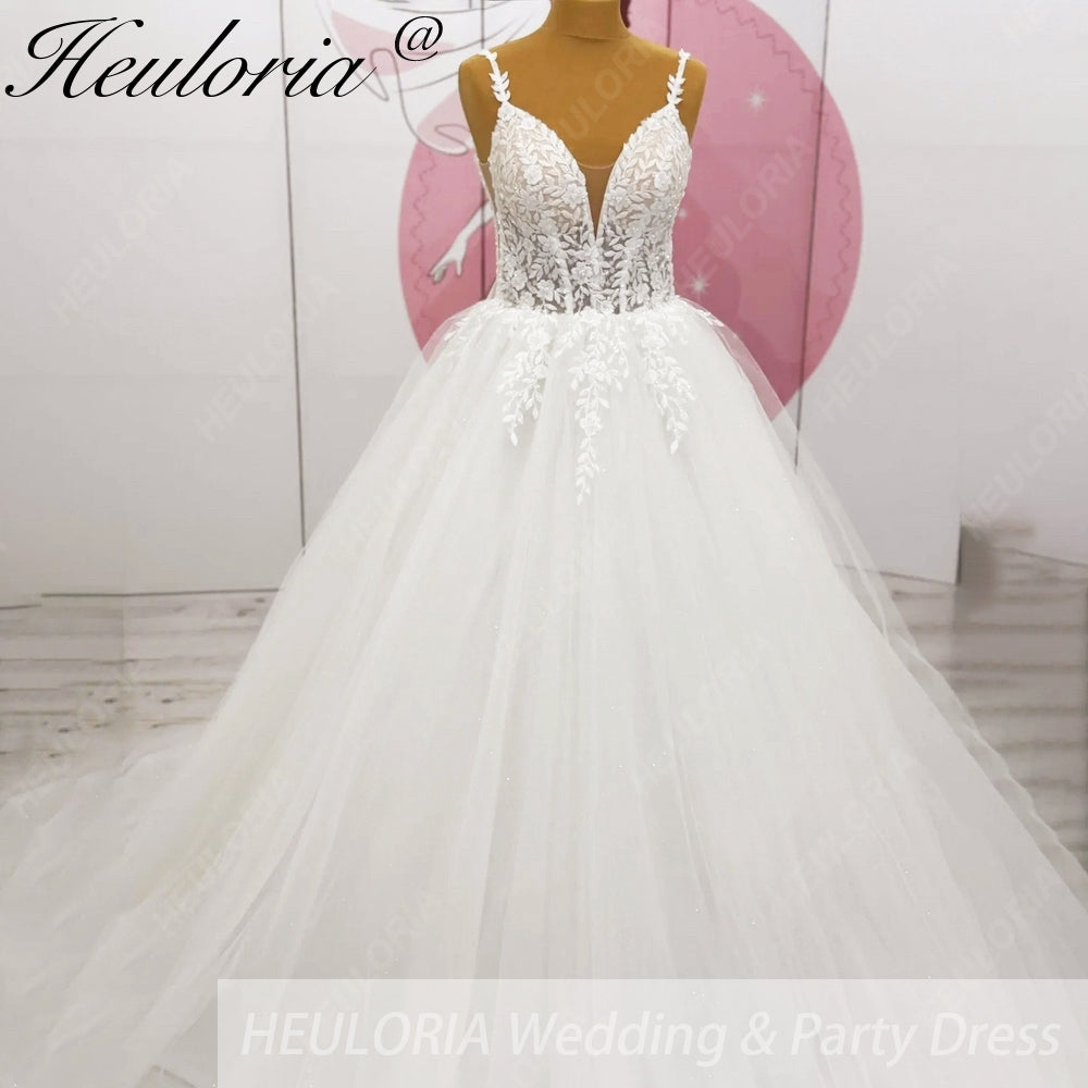 HEULORIA  elegant A line wedding dress Spaghetti Strap lace applique bridal dress Robe De Mariee Wedding Bride Dress AL-1009