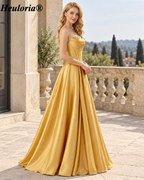 HEULORIA Strapless Gold Satin Ball Gown with Beaded Corset Bodice and Pleated Skirt Evening Dress ED-516