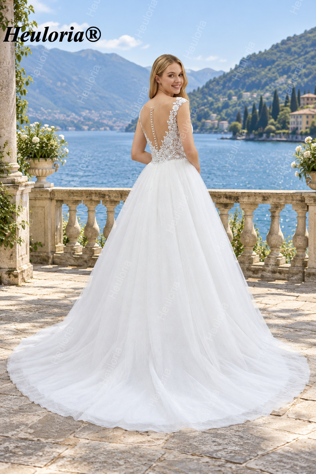 Illusion Deep V Floral Glitter Ball Gown Wedding Dress AL-1060