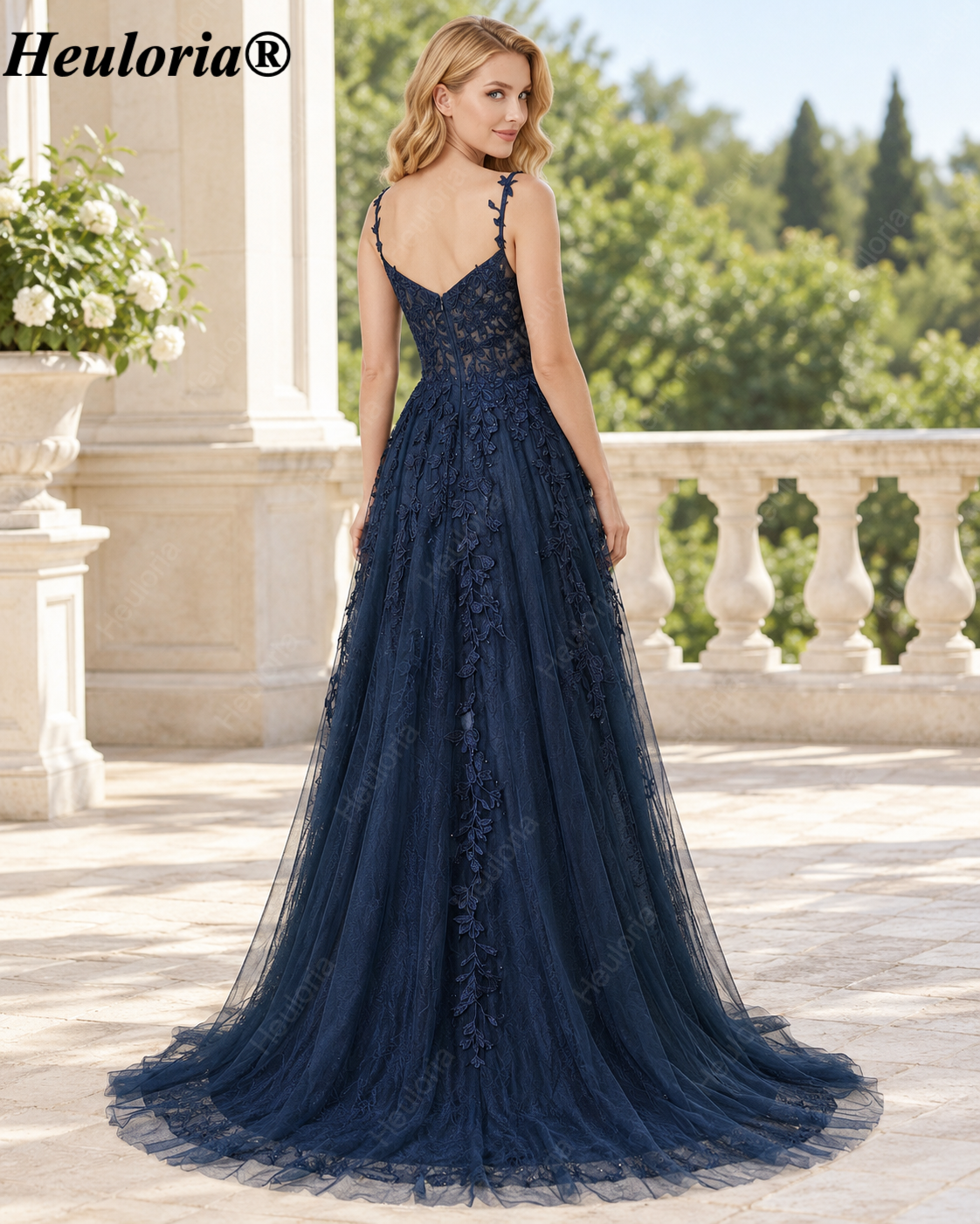 HEULORIA Navy Blue Lace Appliqué Tulle A-Line Prom Dress with Sweetheart Corset – ED-336 Immagine secondaria del prodotto