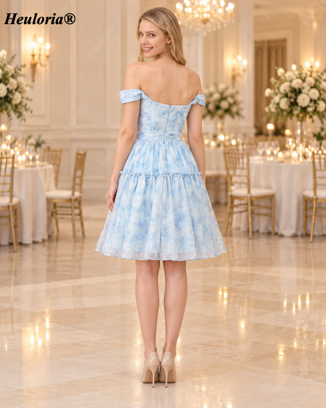HEULORIA Watercolor Floral Off-the-Shoulder A-Line Mini Dress with Tiered Skirt ED-600
