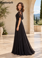 heuloria-Lace Applique Chiffon A-Line Mother of the Bride Dress with Cape-ed-378