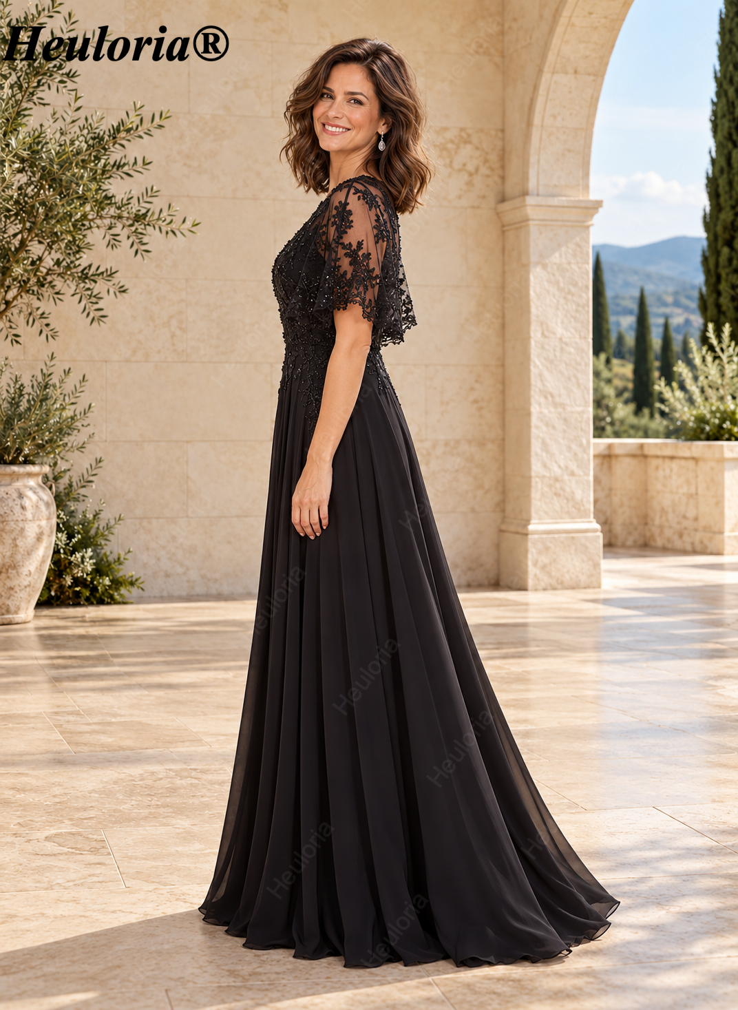 heuloria-Lace Applique Chiffon A-Line Mother of the Bride Dress with Cape-ed-378