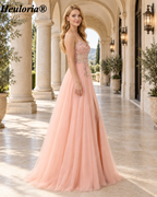 HEULORIA Blush Floral Beaded Tulle A-Line Prom Dress with V-Neck and High Slit ED-572