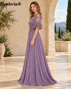 heuloria-Lace Applique Chiffon A-Line Mother of the Bride Dress with Cape-ed-378