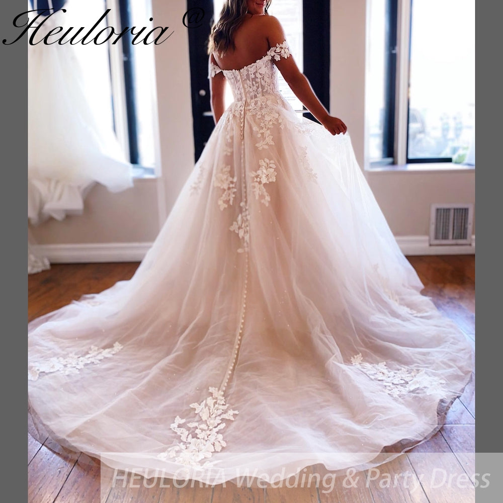 HEULORIA Illusion Off The Shoulder A-Line Wedding Dresses Appliques Lace Country Bridal Gowns Robe De Mariée Customized AL-QK276