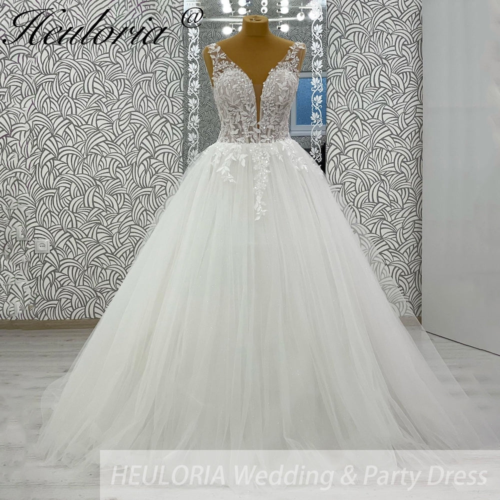 HEULORIA V Neck Sleeveless A lineWedding Dress Boho Lace Appliques Tulle Long Bridal Gowns Backless Vestidos de Novia Customized AL-1036