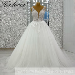 HEULORIA V Neck Sleeveless A lineWedding Dress Boho Lace Appliques Tulle Long Bridal Gowns Backless Vestidos de Novia Customized AL-1036