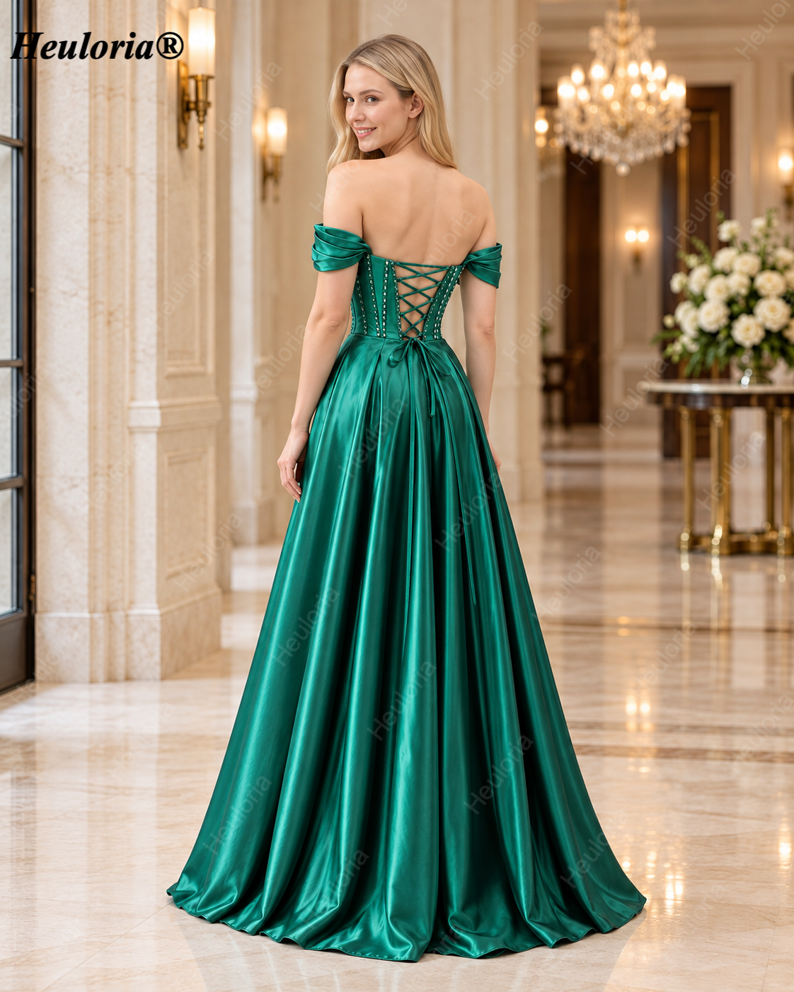 HEULORIA Emerald Green Satin Off Shoulder Prom Dress with Beaded Corset Bodice and High Slit ED-586 Secondary image