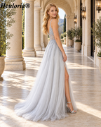 HEULORIA Silver Beaded V-Neck Tulle A-Line Prom Dress with Slit ED-41