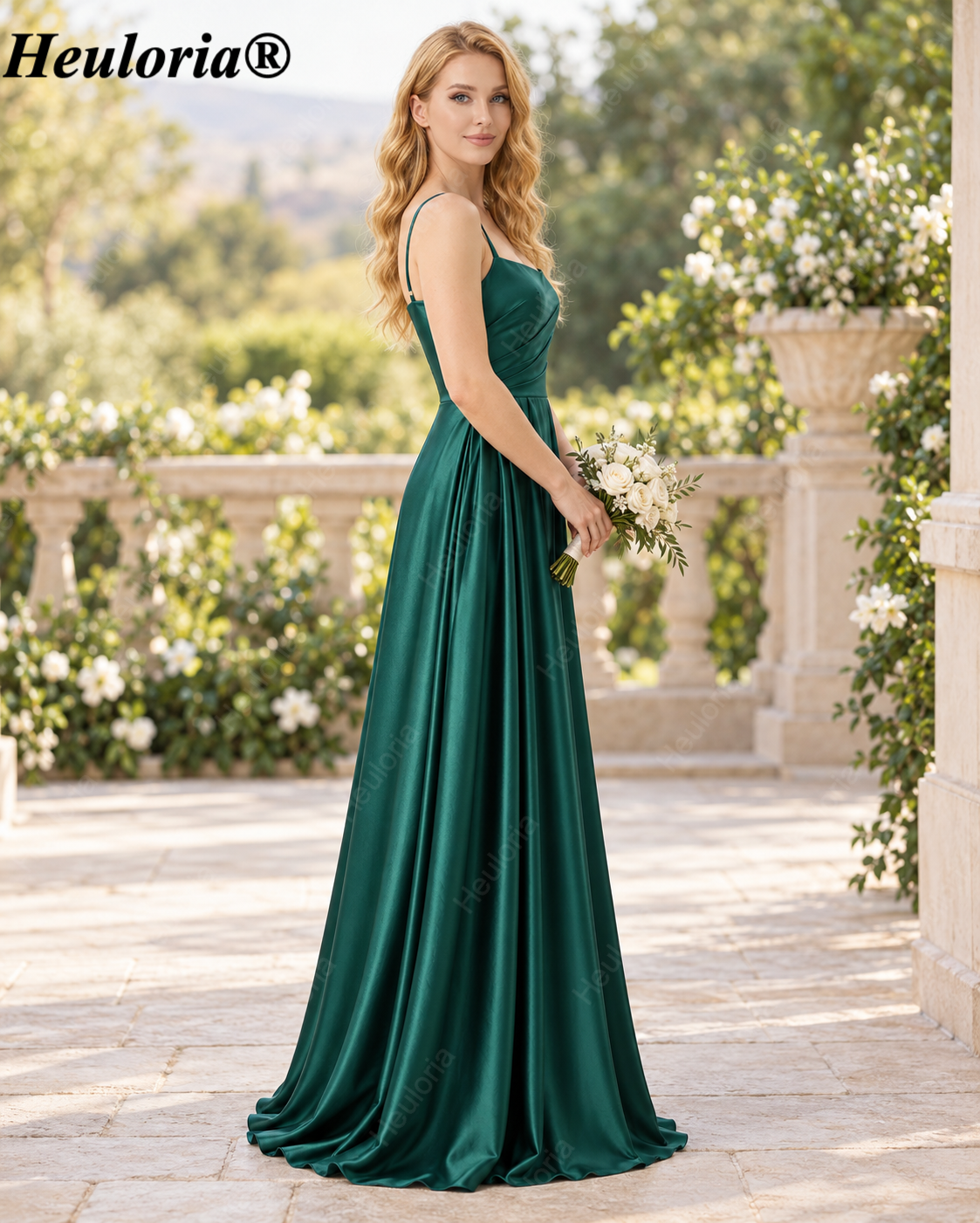 HEULORIA Dark Green Spaghetti Strap Ruched Satin A-Line Bridesmaid Dress ED-260
