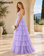 HEULORIA Lavender Lace Tiered Tulle A-Line Prom Dress with Spaghetti Straps and Corset Back – ED-225