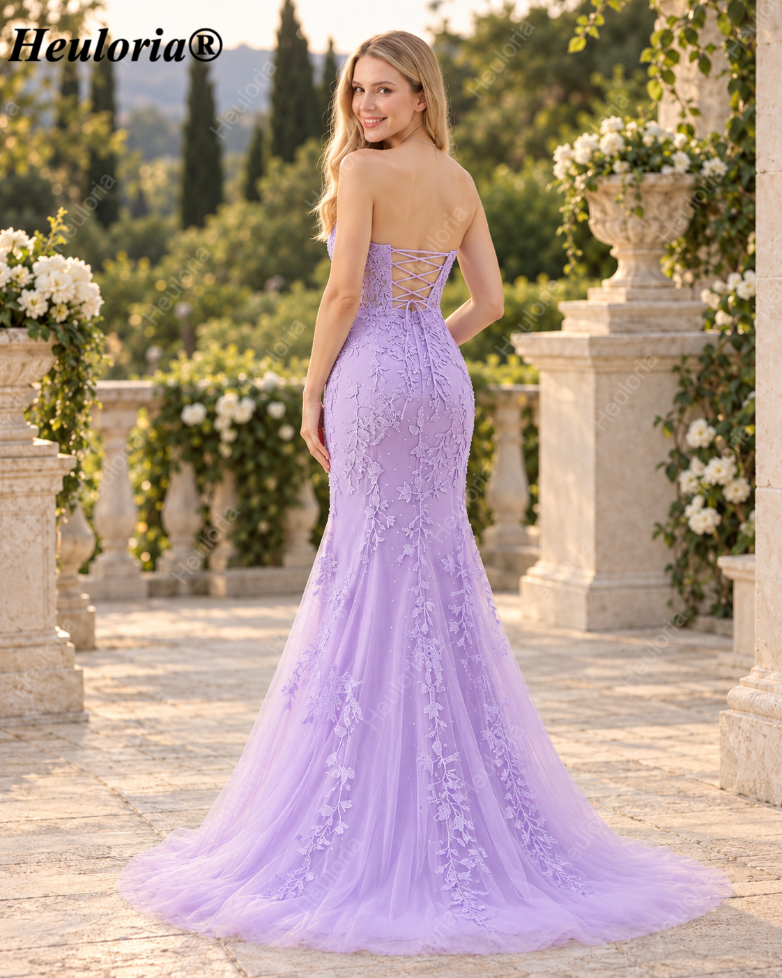 HEULORIA Lavender Strapless Lace Mermaid Prom Dress with High Slit ED-237