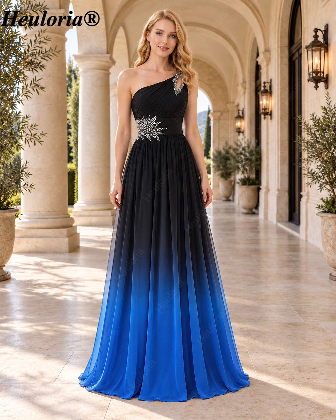 HEULORIA Beaded One-Shoulder Chiffon A-Line Evening Dress with Lace-Up Back – ED-7