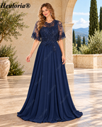heuloria-Lace Applique Chiffon A-Line Mother of the Bride Dress with Cape-ed-378