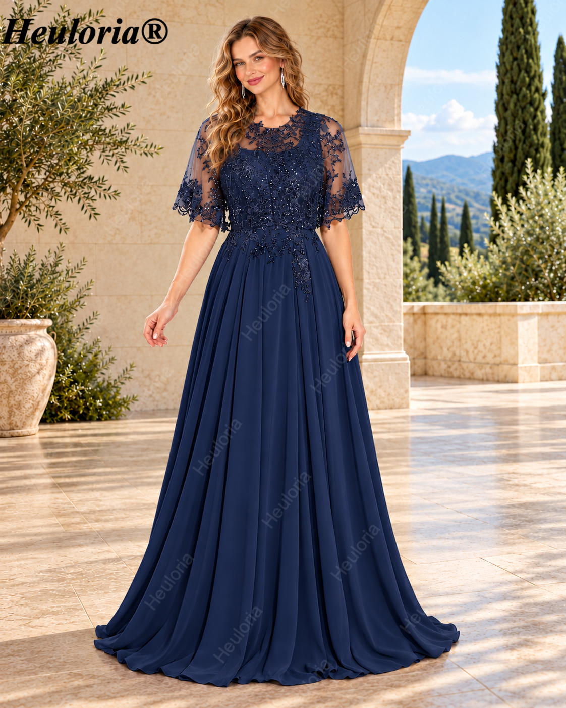 heuloria-Lace Applique Chiffon A-Line Mother of the Bride Dress with Cape-ed-378