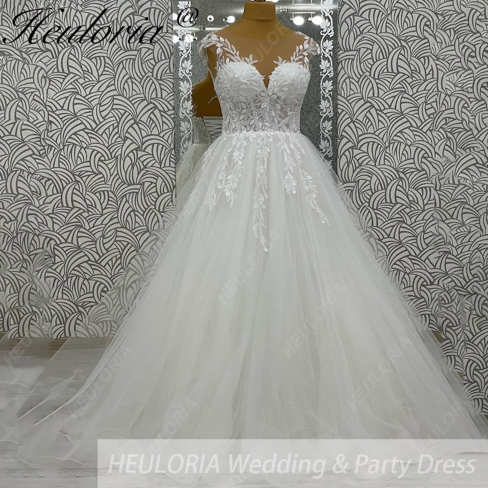 HEULORIA Ethereal Leaf Lace A-Line Wedding Dress with Illusion Neckline and Delicate Cap Sleeves AL-1029
