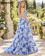 HEULORIA Blue and White Floral Strapless Tiered Organza Ball Gown Prom Dress – ED-233