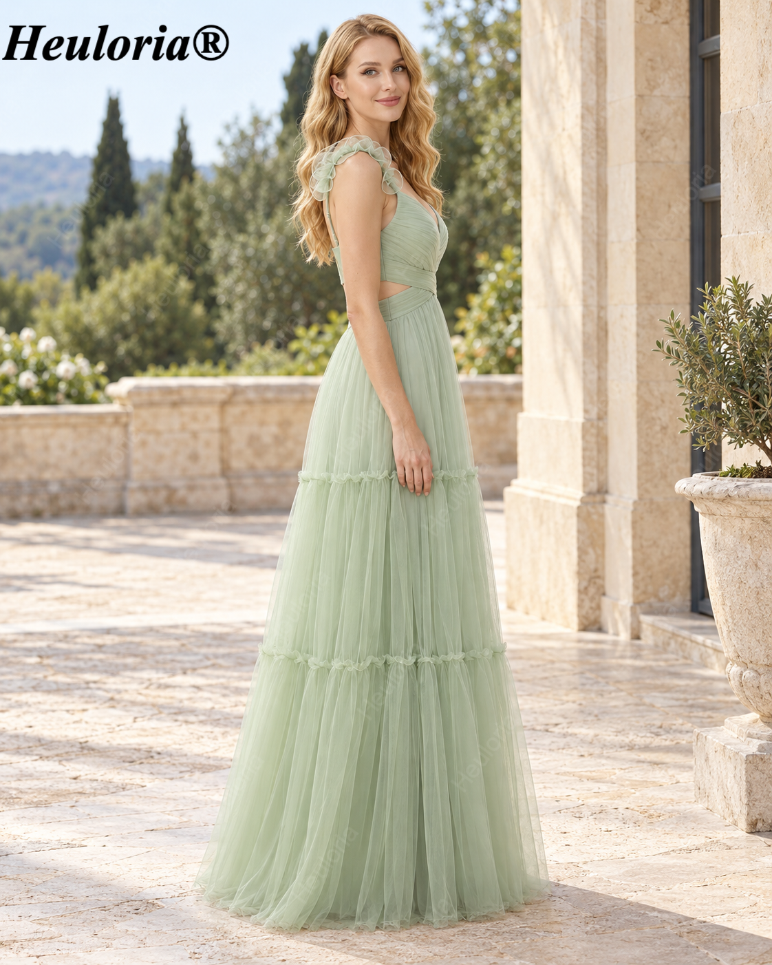Heuloria Dusty Sage Deep V-Neck Tiered Tulle A-Line Prom Dress with 3D Ruffle Straps ED-561