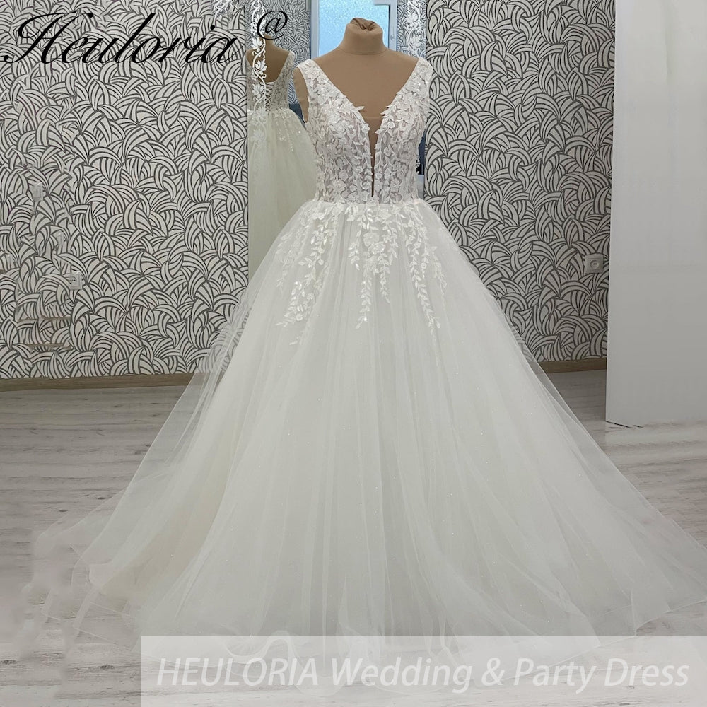 HEULORIA V Neck Sleeveless A lineWedding Dress Boho Lace Appliques Tulle Long Bridal Gowns Backless Vestidos de Novia Customized AL-1032