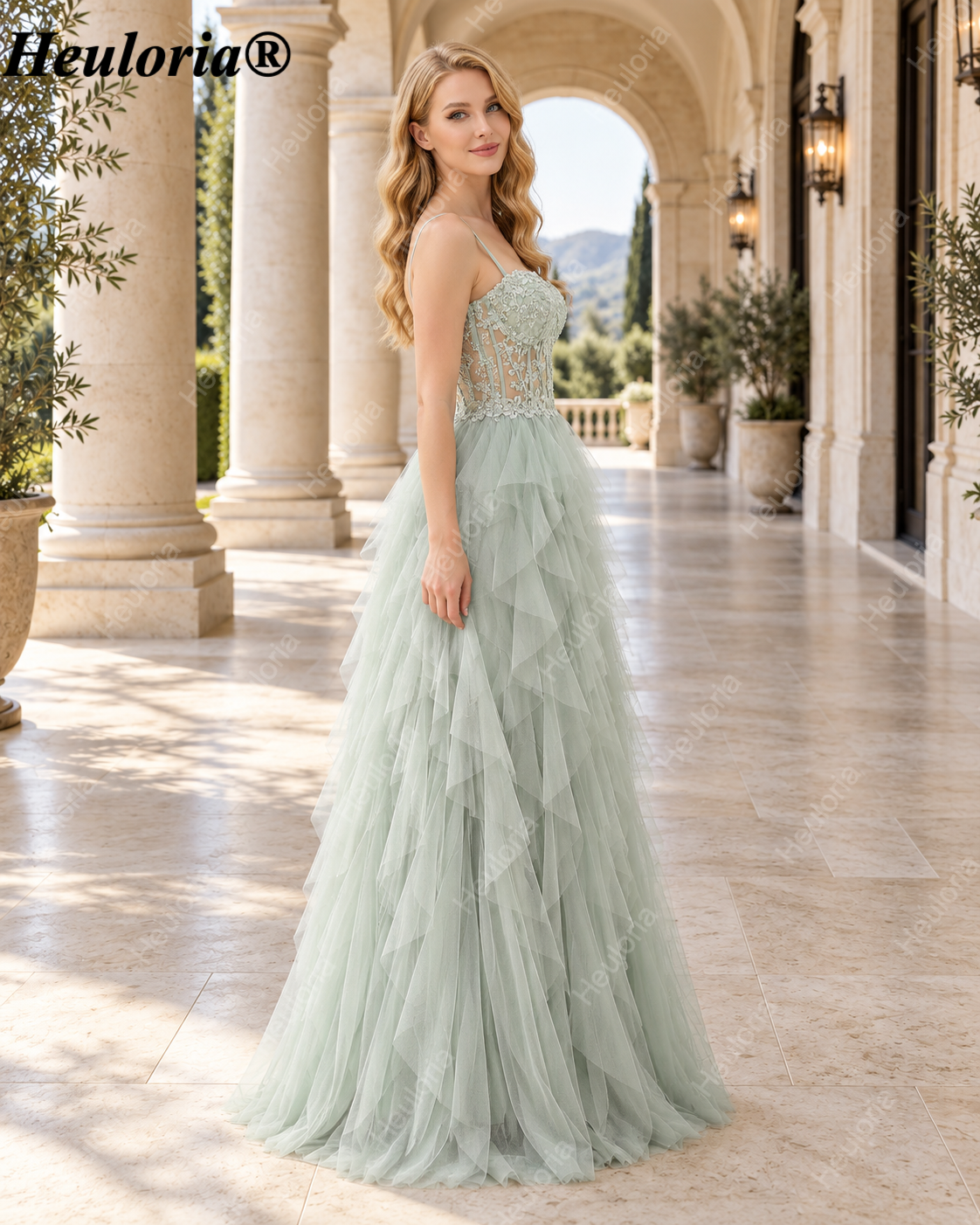 heuloria Dusty Green Floral Corset Tulle Prom Dress with Cascading Ruffles ed-518