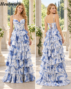HEULORIA Blue Toile de Jouy Tiered Satin A-Line Prom Dress with Sweetheart Corset Bodice ED-352