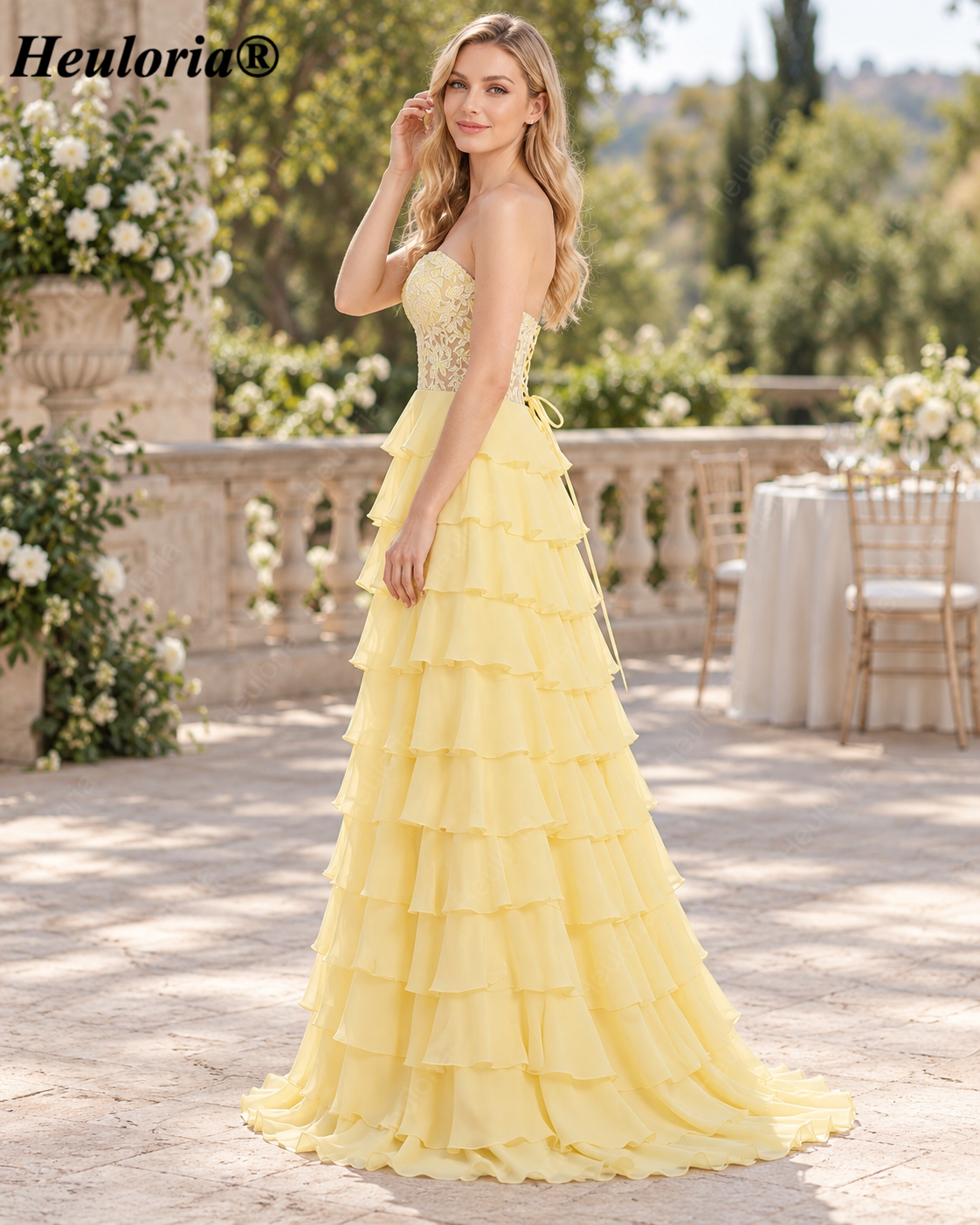 HEULORIA Lavender Strapless Lace Corset Tiered Chiffon A-Line Prom Dress – ED-235