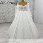 HEULORIA Ethereal Leaf Embroidery Wedding Dress: Sweetheart Corset Bodice with Detachable Puff Sleeves AL-1035