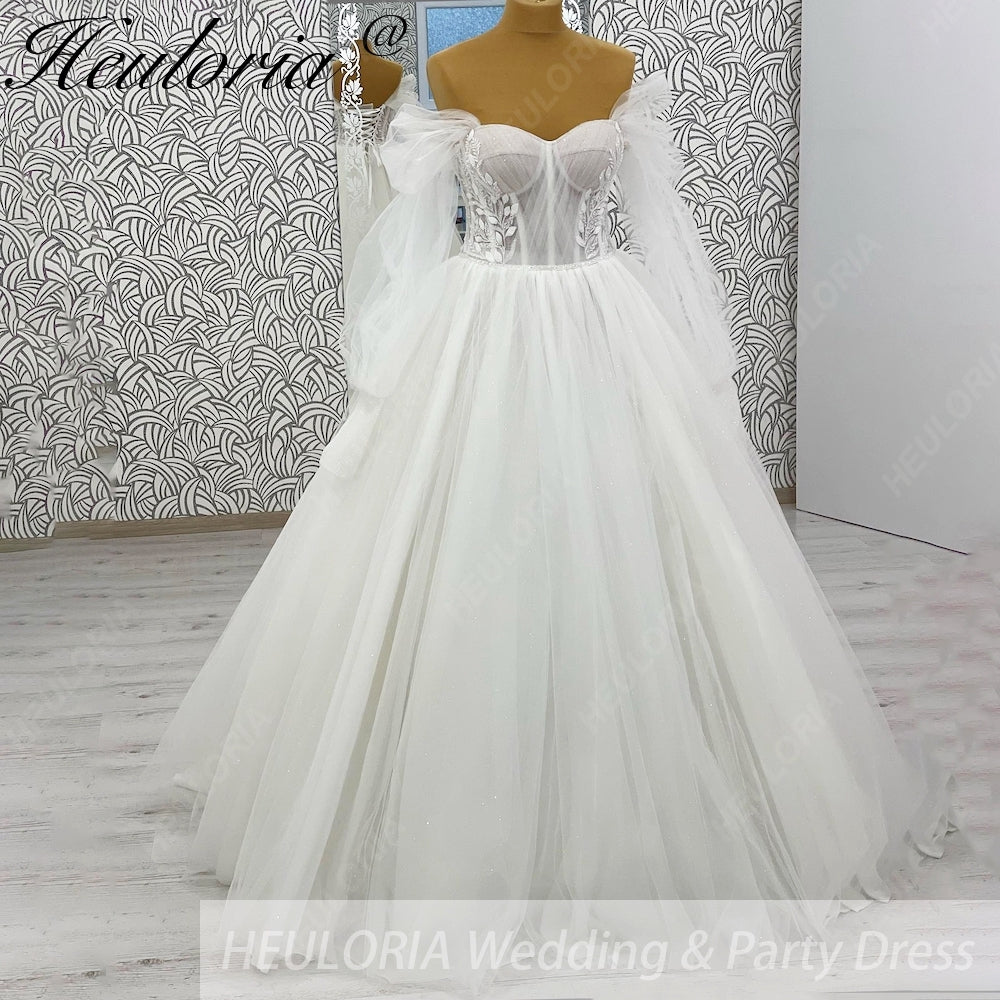 HEULORIA Ethereal Leaf Embroidery Wedding Dress: Sweetheart Corset Bodice with Detachable Puff Sleeves AL-1035