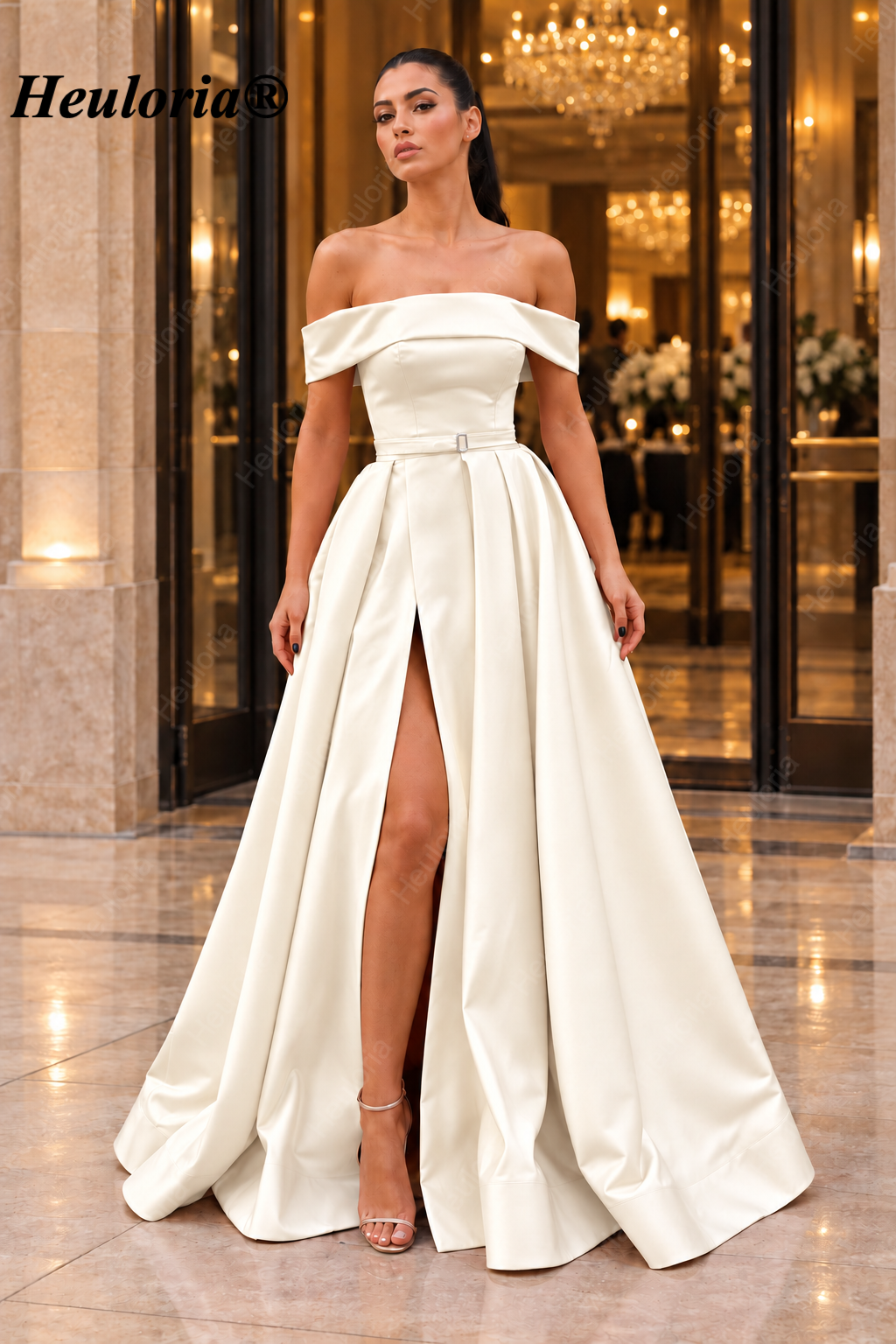 HEULORIA Blush Pink Off-the-Shoulder Belted Satin A-Line Evening Dress with High Slit – ED-25