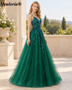 HEULORIA Emerald Green Sequin Tulle A-Line Prom Dress with Plunging V-Neck ED-340