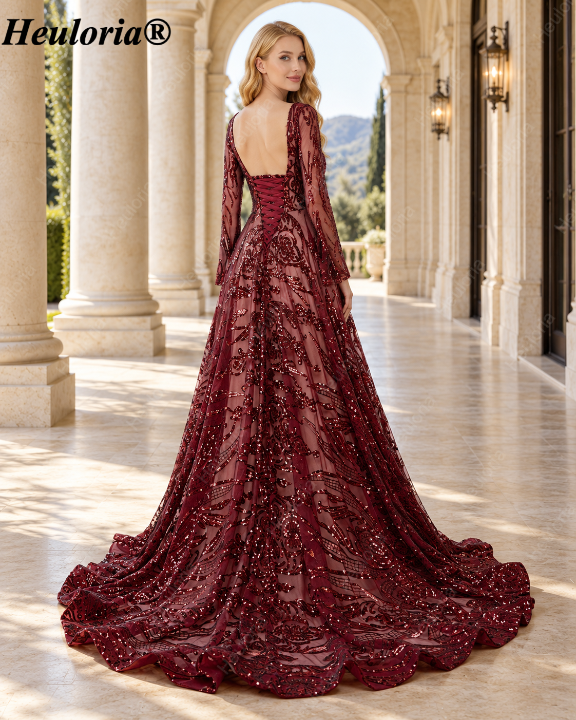 heuloria-Long Sleeve Sequin A-Line Evening Dress with Lace-Up Back and Train-ed-58-1