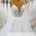 HEULORIA 3D Floral Applique A-Line Wedding Dress with Deep V-Neck and Glitter Tulle AL-1096