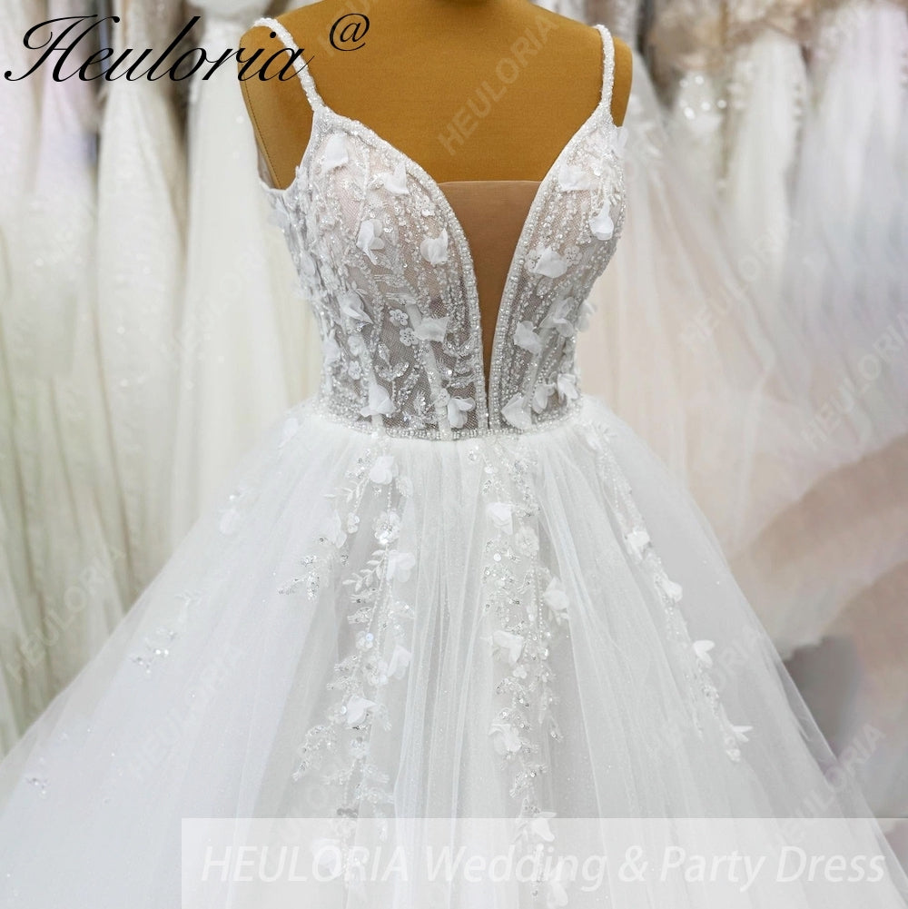 HEULORIA 3D Floral Applique A-Line Wedding Dress with Deep V-Neck and Glitter Tulle AL-1096