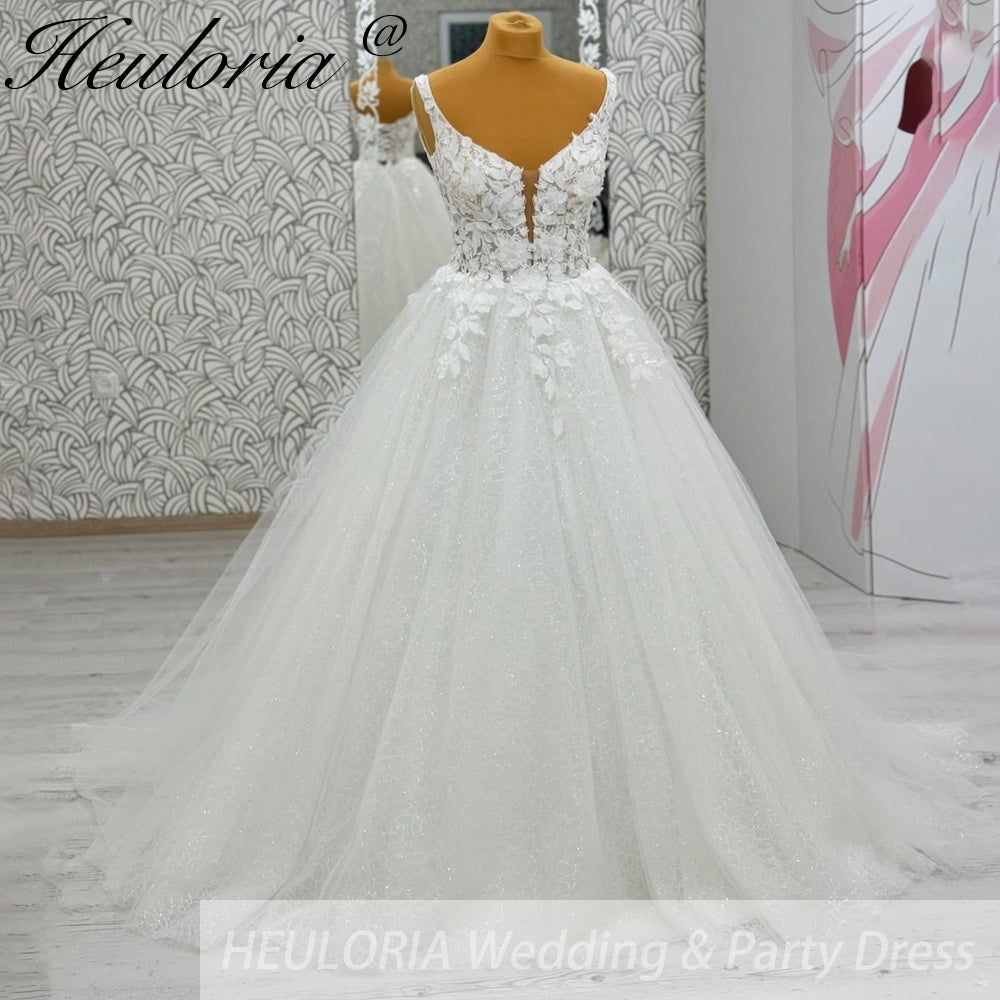 HEULORIA V Neck Sleeveless A line Wedding Dress Boho Lace Appliques Tulle Long Bridal Gowns Backless Vestidos de Novia Customized AL-1105 Main image