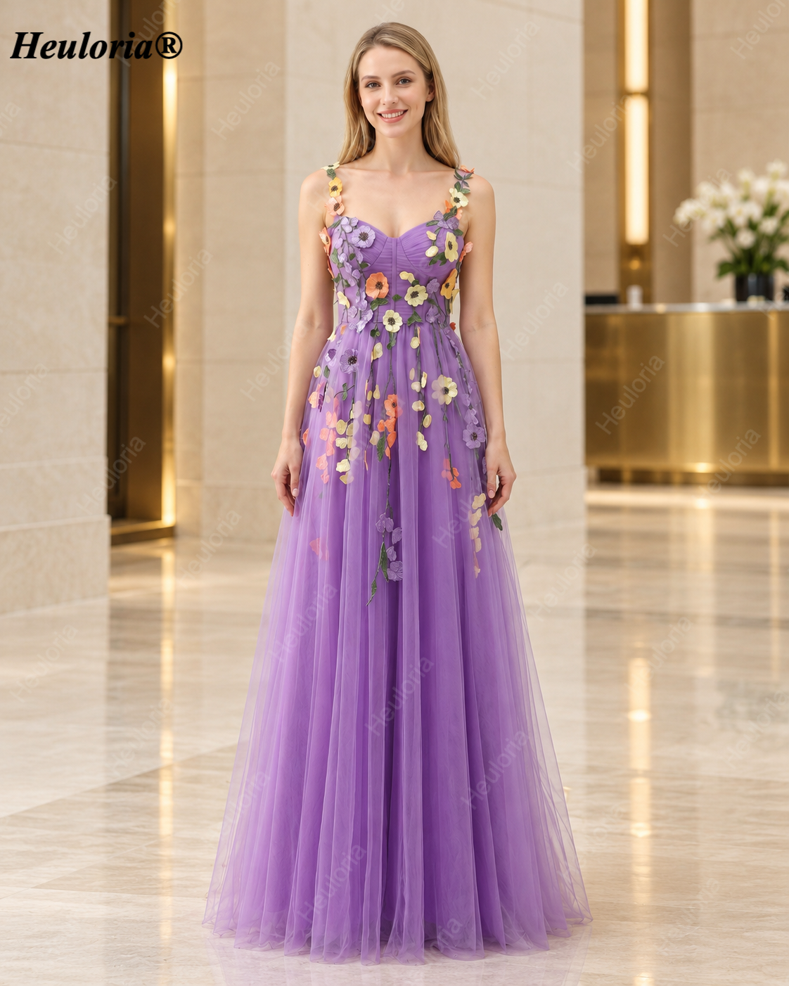 HEULORIA Ivory 3D Floral Applique Tulle A-Line Prom Dress with Sweetheart Neckline ED-585