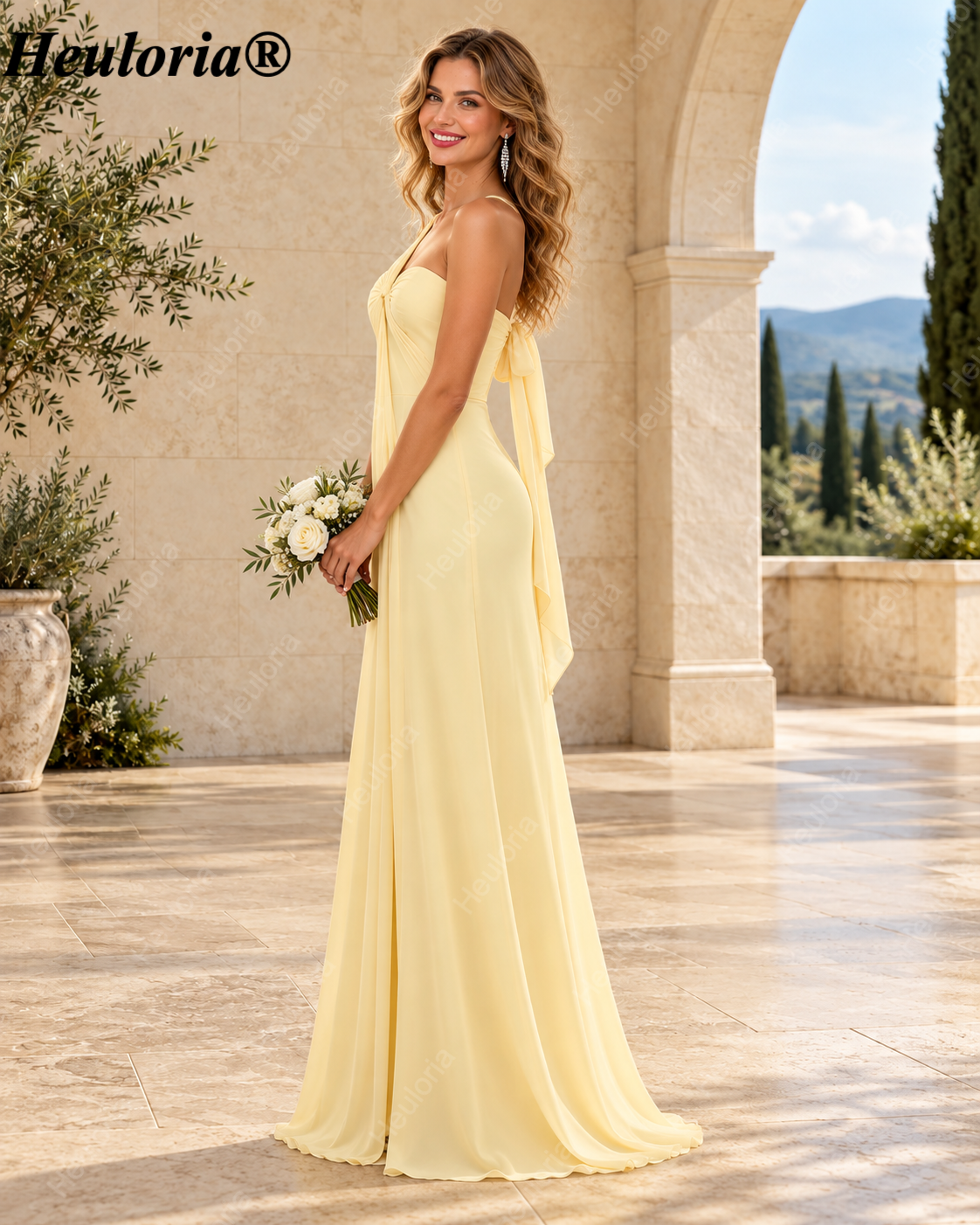 HEULORIA Lemon Sorbet Draped Bridesmaid Dress with Convertible Straps ED-1109