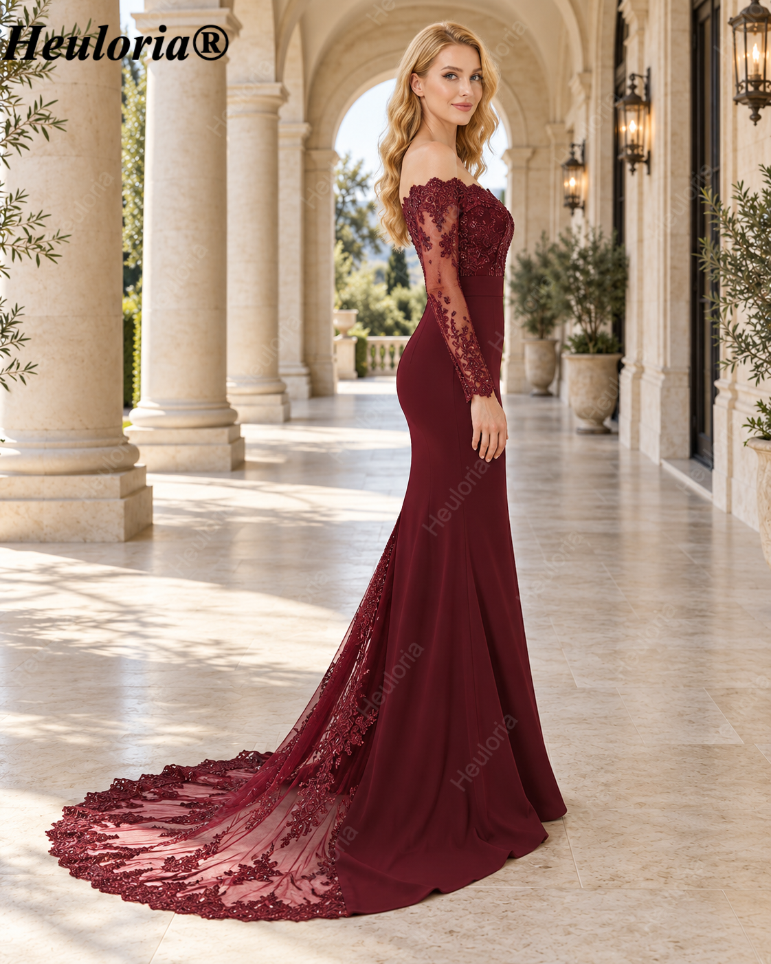 heuloria-Burgundy Off-the-Shoulder Lace Mermaid Evening Dress with Long Sleeves-ed-77