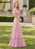 heuloria Pink V-Neck chiffon Bridesmaid Dress with Flutter Sleeves and Ruffle Hem ed-527