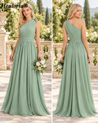 HEULORIA Dusty Sage One-Shoulder Ruched Chiffon A-Line Bridesmaid Dress ED-243