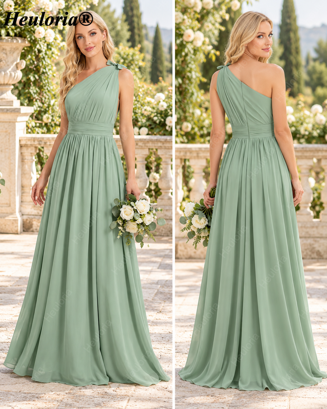 HEULORIA Dusty Sage One-Shoulder Ruched Chiffon A-Line Bridesmaid Dress ED-243