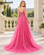 HEULORIA Navy Blue Lace Appliqué Tulle A-Line Prom Dress with Sweetheart Corset – ED-336