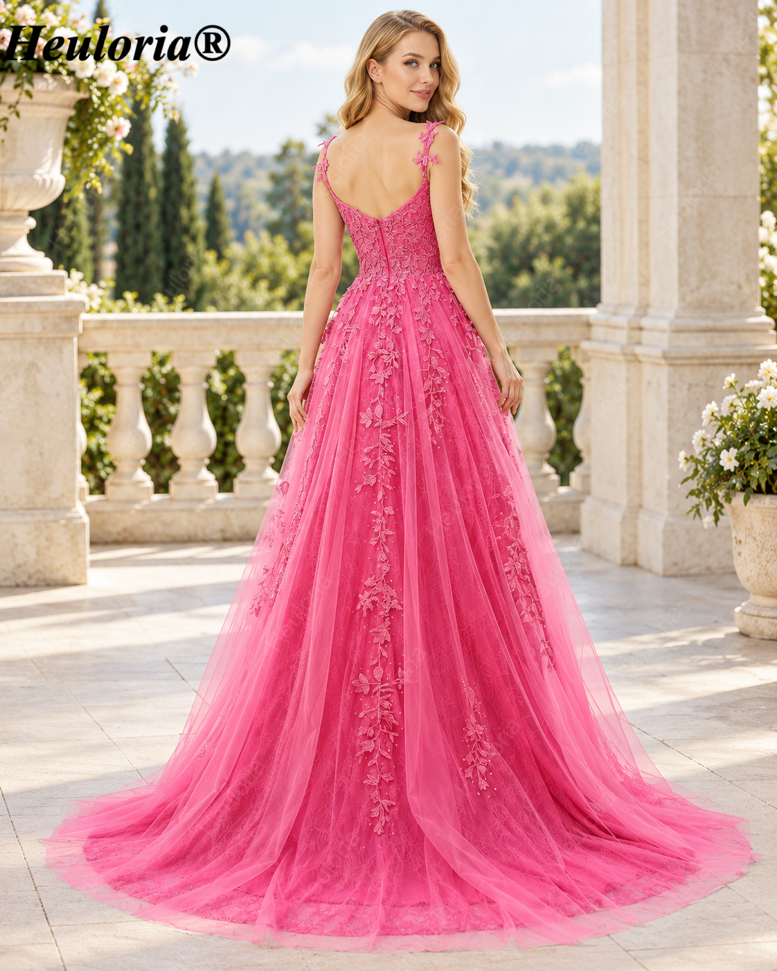 HEULORIA Navy Blue Lace Appliqué Tulle A-Line Prom Dress with Sweetheart Corset – ED-336